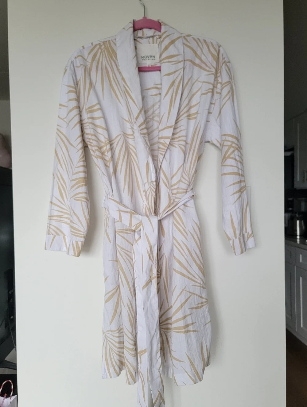 Palm-Print Cotton Robe in Cream & Tan